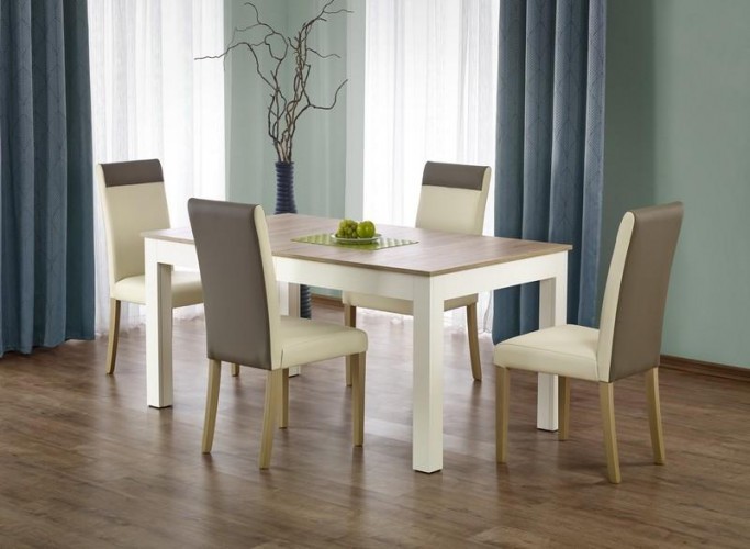 Kihúzható Asztal, Forgácslap és MDF Sewer Fehér / Tölgy + 4 szék Norbert Krém Szett, H160-300xSz90xM76 cm