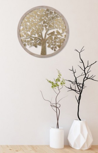 Fali Dekoráció, MDF és Fém, Tree Round Arany / Természetes, Ø80 cm