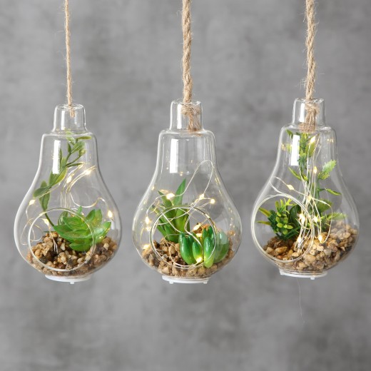Earth Felfügesztett Üveg Dekoráció, Növényekkel és LED Világítással, Zöld, Különbüző, M12 cm