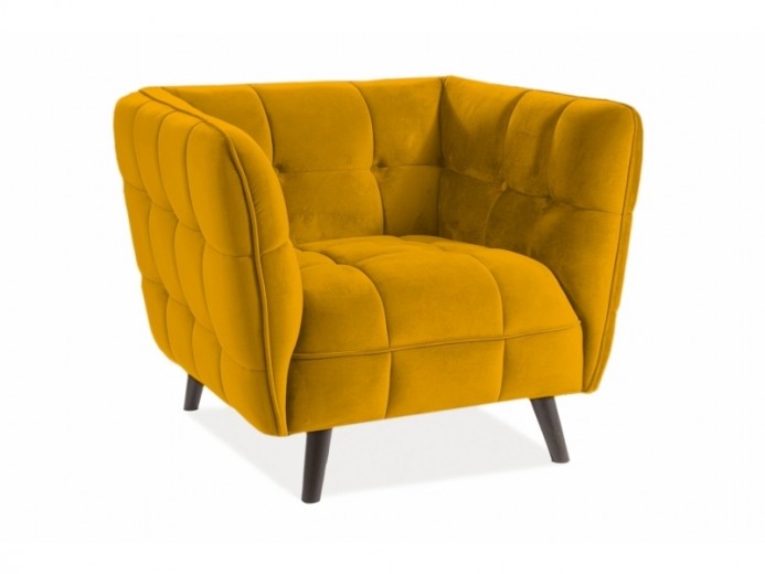 Kárpitozott fix fotel, fa lábakkal, Castielli 1 Velvet Mustársárga / Wenge, Sz92xM85xM78 cm