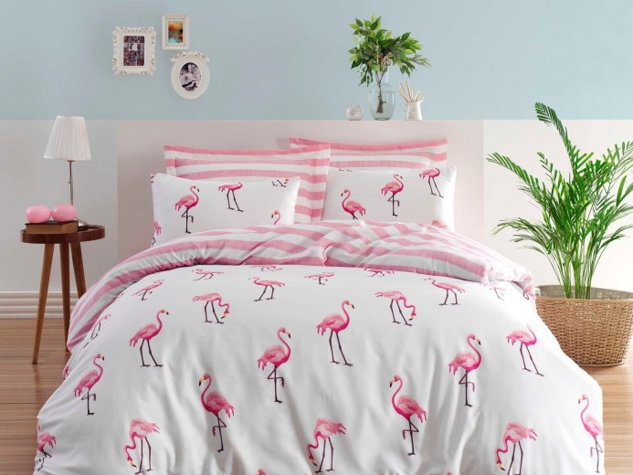 Ágyneműhuzat Flamingo Fehér / Rózsaszín, 200 x 220 cm