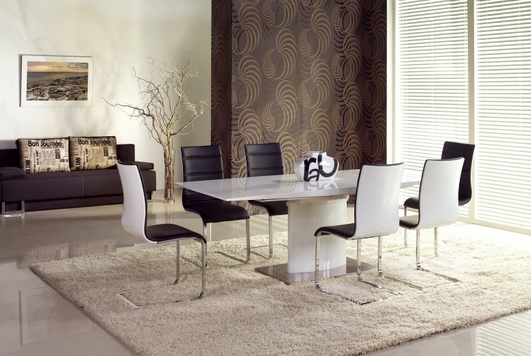 Kihúzható Asztal MDF és Fém Marcello Fehér + 4 Szék K104 Fekete / Fehér Szett, H180-220xSz90xM76 cm