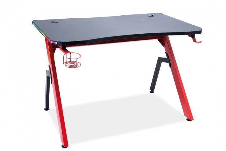 Íróasztal, furnér és fém, beépített LED-del, Benny-006 Fekete / Piros, Sz120xH66xM75 cm