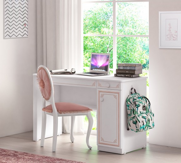 Íróasztal 1 Ajtóval és 2 Fiókkal Tiniknek, Forgácslap Selena Pink Fehér / Rózsaszín, H120xSz52xM75 cm