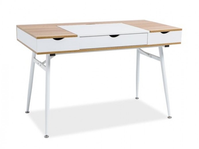 Irodai Asztal, 3 fiók, forgácslap és fém, B-151 Tölgy / Fehér, Sz120xM60xM76 cm