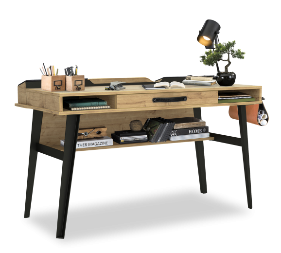 Íróasztal Tiniknek, Forgácslap és Fém Wood Metal Large Természetes / Fekete, H134xSz62xM80 cm