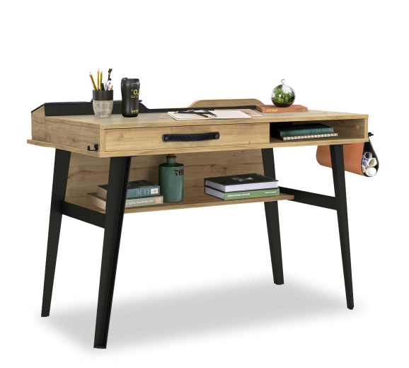 Íróasztal Tiniknek, Forgácslap és Fém Wood Metal Small Természetes / Fekete, H114xSz62xM80 cm