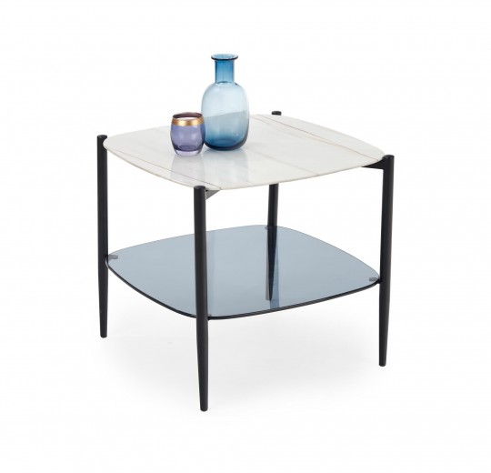 Dohányzóasztal, Üveg és Fém Gemini Fehér / Fekete, H55xSz55xM50 cm