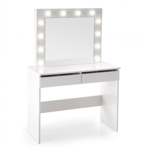 Hollywood Forgácslap Fésülködő Asztal Tükörrel, 2 Fiókkal és LED világítással, Fehér, H94xSz43xM140 cm