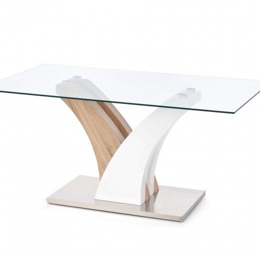 Asztal, Üveg és MDF Vilmer Fehér / Sonoma Tölgy, H160xSz90xM76 cm