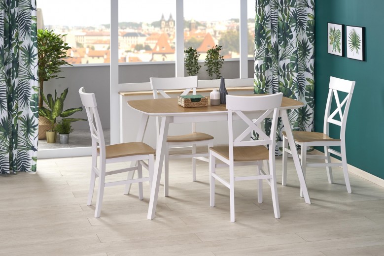 Kajetan 2 Kihúzható MDF és Bükkfa Asztal, Tölgy / Fehér + 4 Tutti Szék, Fehér / Tölgy, H135-185xSz82xM76 cm