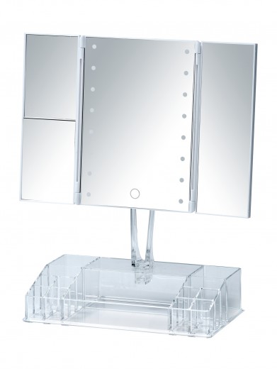 Fanano Asztali Kozmetikai Tükör, LED Világítással és Műanyag Rendszerezővel, Átlátszó, H34,5xSz16,5xM39 cm