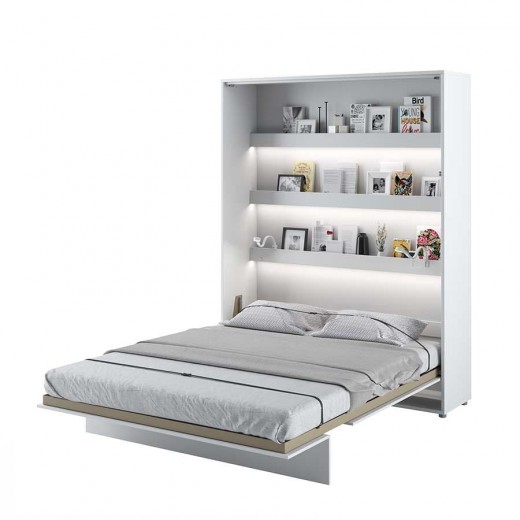 Bed Concept Vertical Felcsukható Ágy, Pneumatikus Mechanizmussal, LED Rendszerrel és Matractartóval, Matt Fehér, 200 x 160 cm