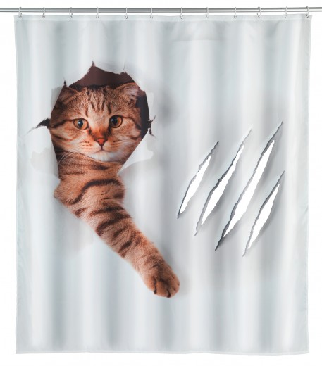 Poliészter Zuhanyfüggöny, Cute Cat Fehér, 180 x 200 cm