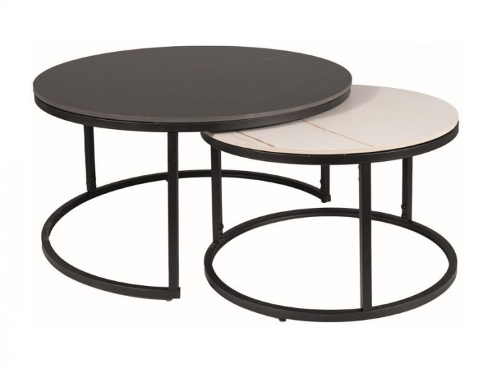 2 Káveasztal Szett, kerámia és fém, Ferantes A Márványszín / Matt Fekete, Ø80xM42 cm / Ø60xM38 cm