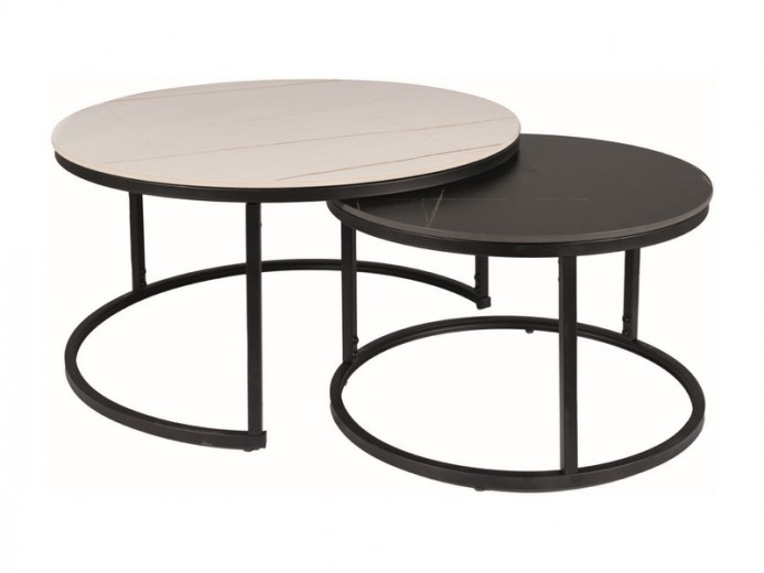 2 Káveasztal Szett, kerámia és fém, Ferantes B Márványszín / Matt Fekete, Ø80xM42 cm / Ø60xM38 cm