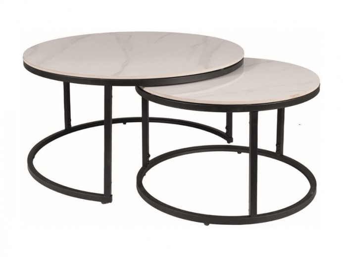 2 Káveasztal Szett, kerámia és fém, Ferantes C Márványszín / Matt Fekete, Ø80xM42 cm / Ø60xM38 cm