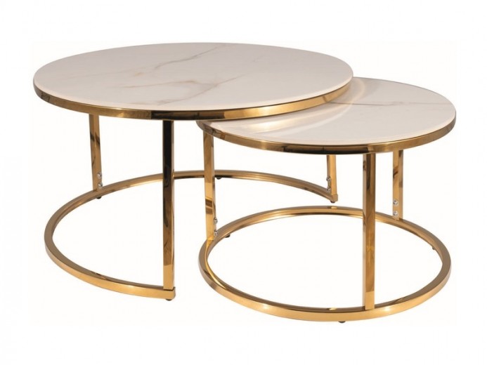 2 Káveasztal Szett, kerámia és fém, Portino A Márvány / Arany, Ø80xM42 cm / Ø60xM38 cm