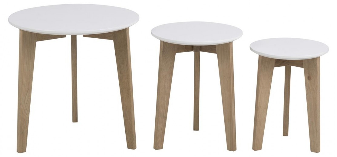 3 Dohányzóasztal, MDF,  Abin Fehér / Tölgy, Ø50xM50 cm / Ø35xM45 cm / Ø30xm40 cm