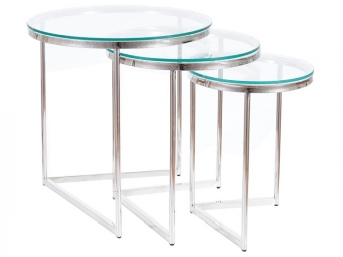 3 Asztal Szett, üveg és fém, Triton Átlátszó / Króm, Ø55xM56 cm / Ø45xM51 cm / Ø35xM46 cm