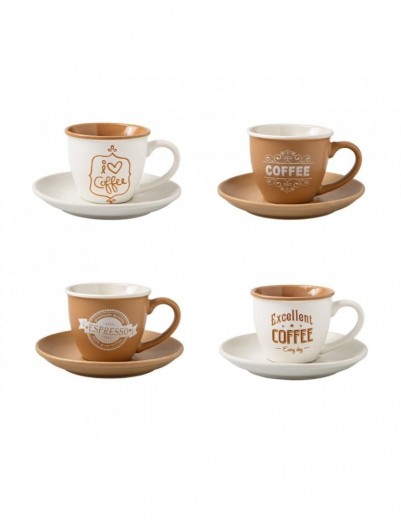 Coffe Colection Csészekészlet Csészealjjal, Fehér / Barna, Különböző Modellek, 90 ml, 4 darab