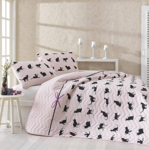 Ágytakaró 2 Darab Párnahuzattal, Cats Rózsaszín / Fekete, 200 x 220 cm