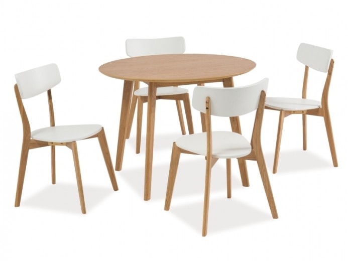 Kerek asztal szett MDF, furnér és fa, Mosley II Tölgy + 4 Szék, fa és MDF, Mosley Fehér / Tölgy, Ø90xM75 cm