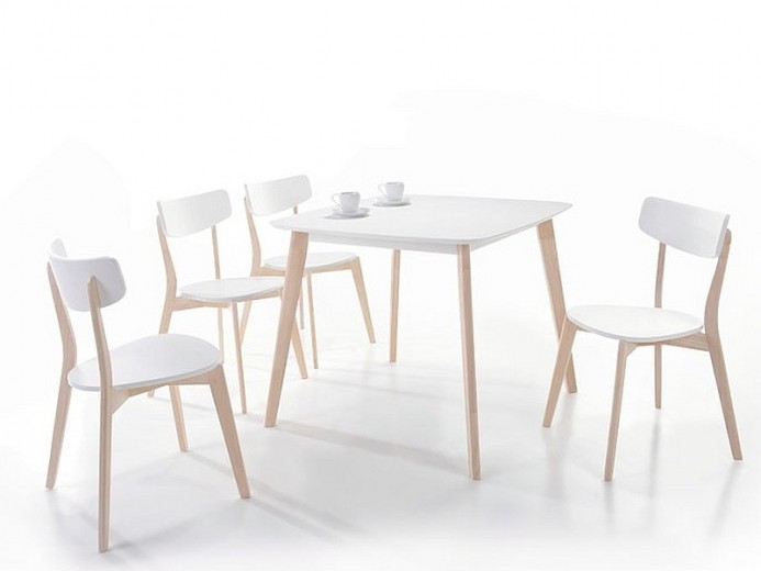 Asztal szett, MDF és fa, Tiberio Fehér / White Wash Tölgy + 4 Szék Fából és MDF, Tiberio Fehér / White Wash Tölgy, Sz90xH80xM75 cm