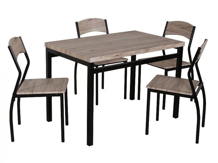 MDF és Fém Asztal + 4 Szék Szett, Astro Tölgy / Fekete, Sz110xM70xM76 cm