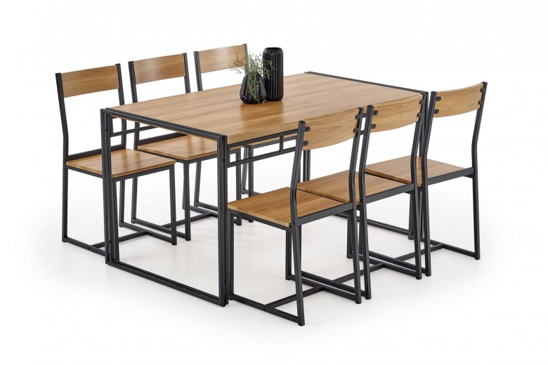 Bolivar MDF és Fém Asztal + 6 Szék, Aranytölgy / Fekete, H140xSz80xM75 cm
