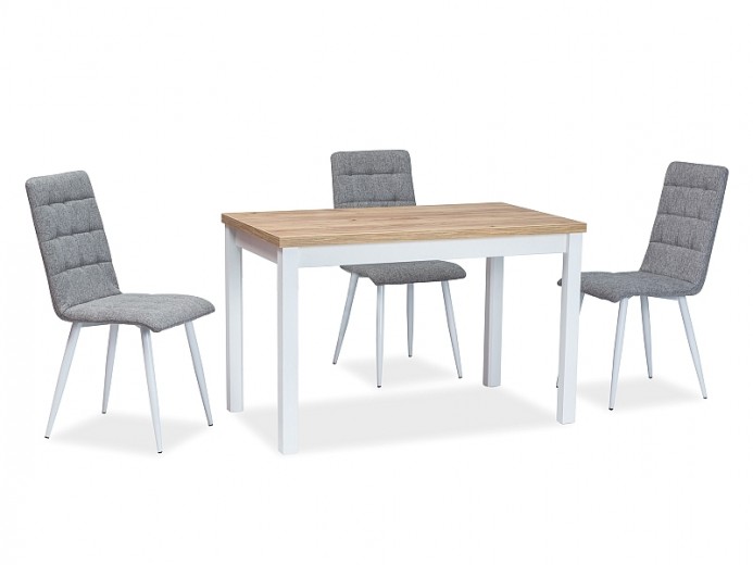 Asztal, Forgácslap és MDF, Anais Tölgy / Fehér+ 4 kárpitozott szék fém lábakkal Otto Szürke / Fehér Szett, Sz120xM68xM75 cm
