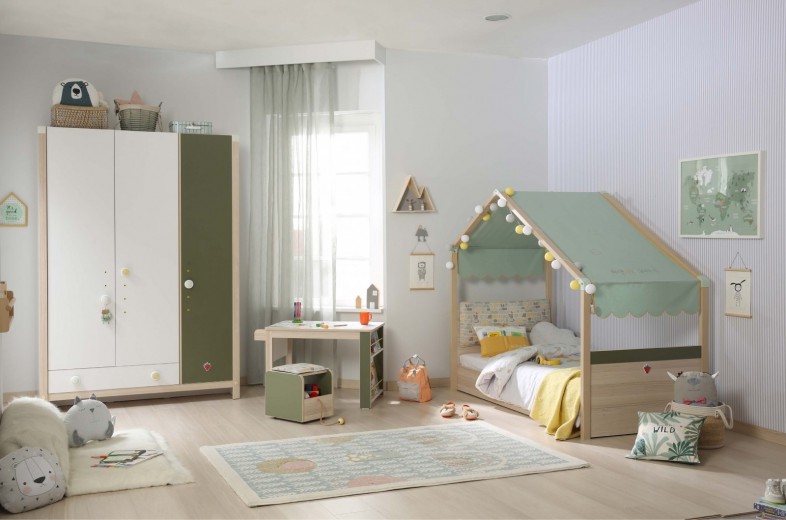 Hálószoba Bútor Szett Gyerekeknek, Forgácslap, 4 darab Montessori New Természetes / Zöld, 180 x 80 cm