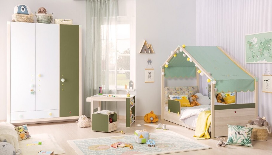 Hálószoba Bútor Szett Gyerekeknek, Forgácslap, 5 darab Montessori New Természetes / Zöld, 200 x 90 cm