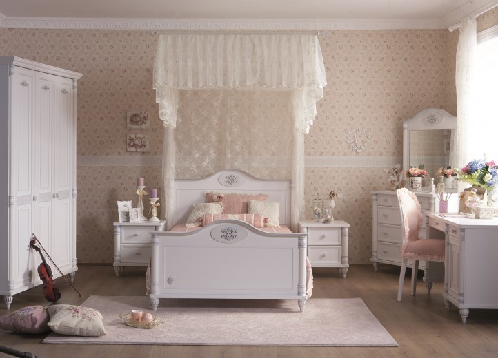Hálószoba Bútor Szett Gyerekeknek és Tiniknek, Forgácslap, 7 darab, Romantic Fehér, 200 x 120 cm