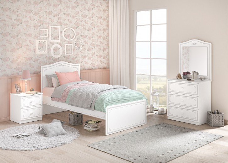 Hálószoba Bútor Szett Tiniknek, Forgácslap, 4 darab Selena Grey Fehér / Szürke, 200 x 100 cm