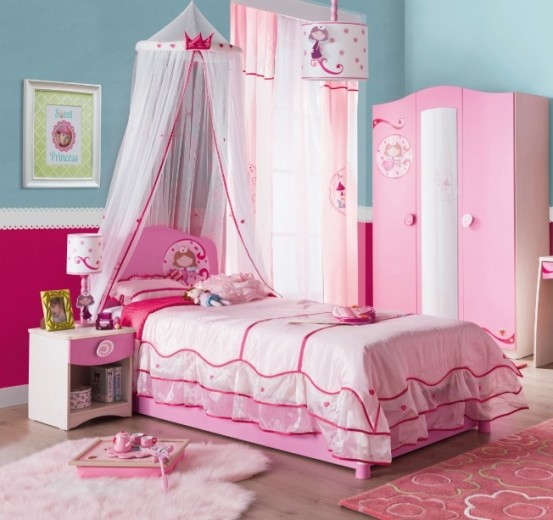 Hálószoba Bútor Szett Gyerekeknek, Forgácslap, 4 darab Little Princess Rózsaszín / Természetes