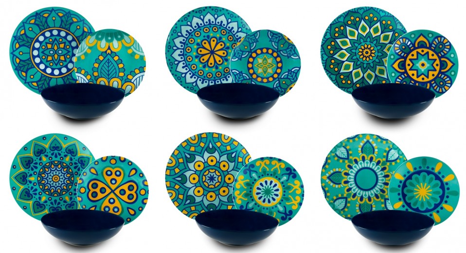 Porcelán és kerámia étkészlet, 18 darab, Mandala Mediterraneo Dinner Türkiz / Kék