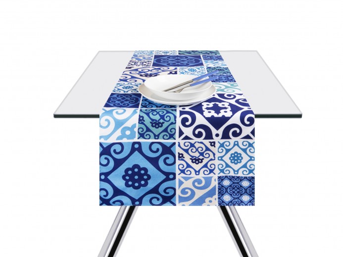 Asztali futó, pamut, Maiolica Kék, 45 x 140 cm