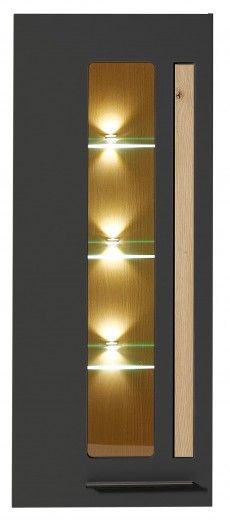 Falra Fogható Vitrin Szekrény 1 Ajtóval és LED-es égőkkel, MDF Loftis Grafitszürke / Tölgy, Sz52xM37xM128 cm